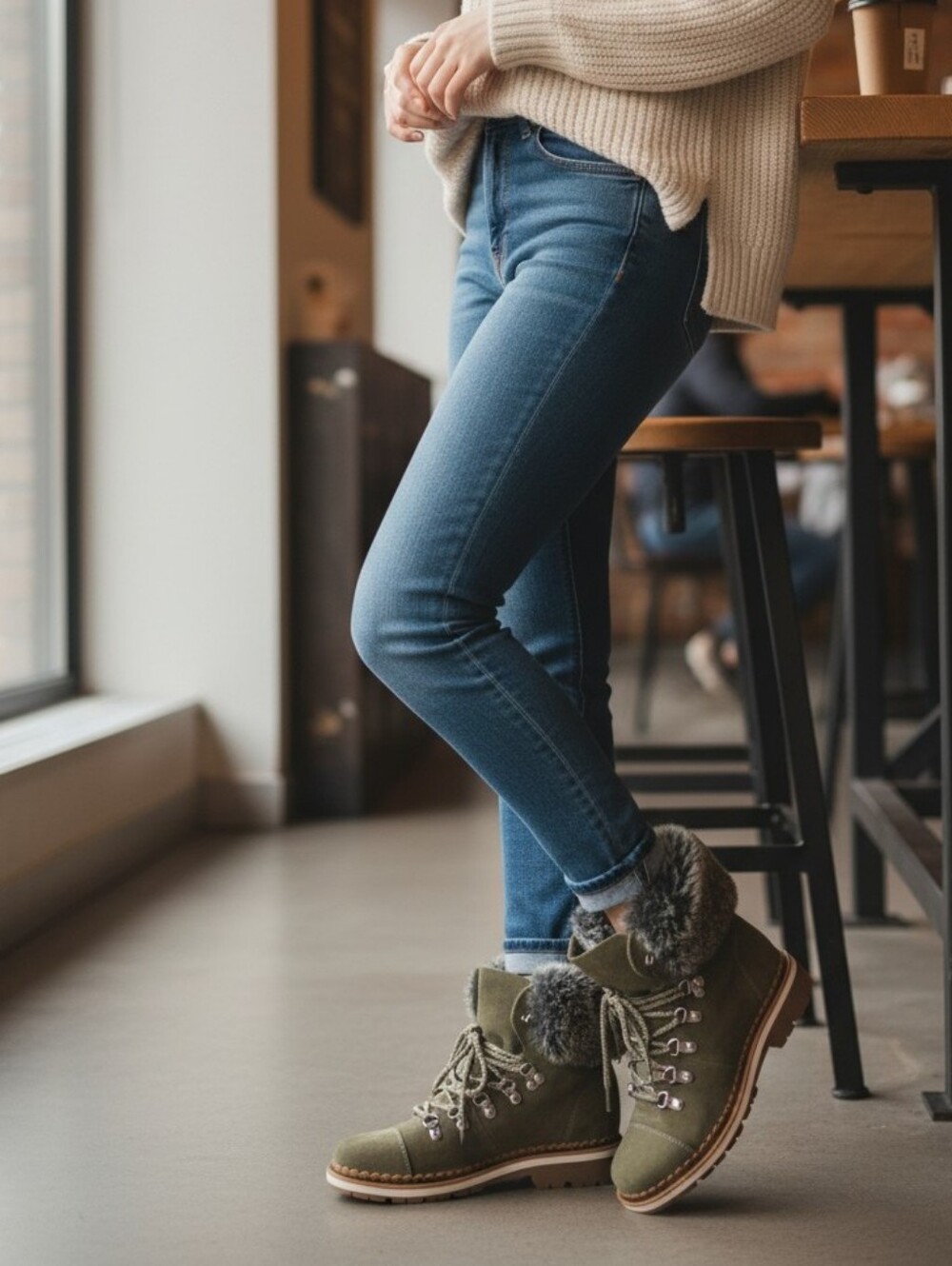 Sam Edelman Olive Suede Lace-Up Ankle Boots with Faux Fur Size 6.5
